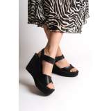 Lisinya948  Tokalı Lastikli Dolgu Topuklu Ortopedik Taban Hasır Görünümlü Kadın Sandalet ST Siyah