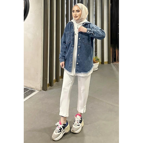 Koyu Mavi Kar Yıkama Püskül Detay Kot Ceket Oversize Koyu Mavi Kar Yıkama Püskül Detay Kot Ceket Oversize