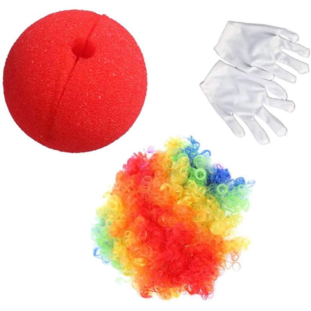 Rengarenk Palyaço Peruk Beyaz Eldiven Kırmızı Sünger Burun Palyaço Seti 3 Parça Rengarenk Palyaço Peruk Beyaz Eldiven Kırmızı Sünger Burun Palyaço Seti 3 Parça