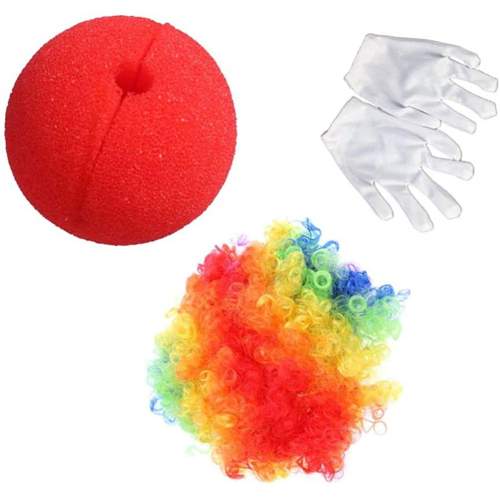 Rengarenk Palyaço Peruk Beyaz Eldiven Kırmızı Sünger Burun Palyaço Seti 3 Parça Rengarenk Palyaço Peruk Beyaz Eldiven Kırmızı Sünger Burun Palyaço Seti 3 Parça