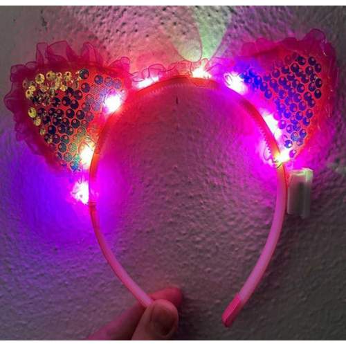 Kenarları Dantelli Fuşya Pullu Payetli Led Işıklı Kedi Kulak Taç 17x19 cm Kenarları Dantelli Fuşya Pullu Payetli Led Işıklı Kedi Kulak Taç 17x19 cm