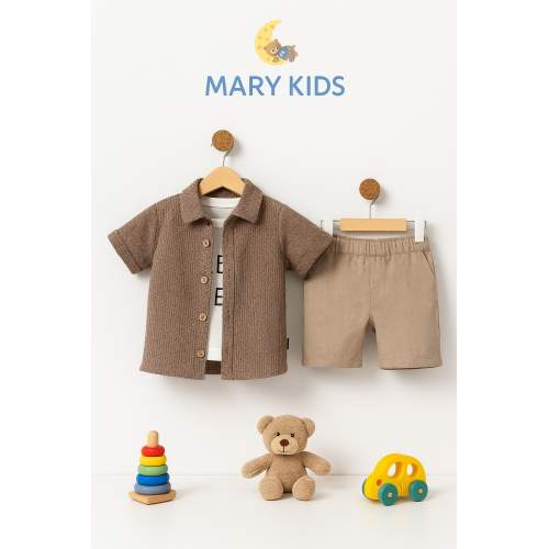 MARY KİDS Erkek Çocuk 3’lü Yazlık Takım Şık Gömlek Tişört ve Şort Kombini