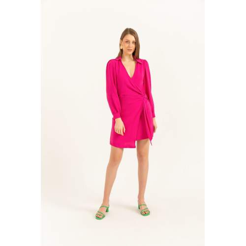 KAKTÜS İthal Aerobin Kumaş Uzun Kollu V Yaka Kuşaklı Kadın Elbise-Fuşya SDJwMDgt4zYo
