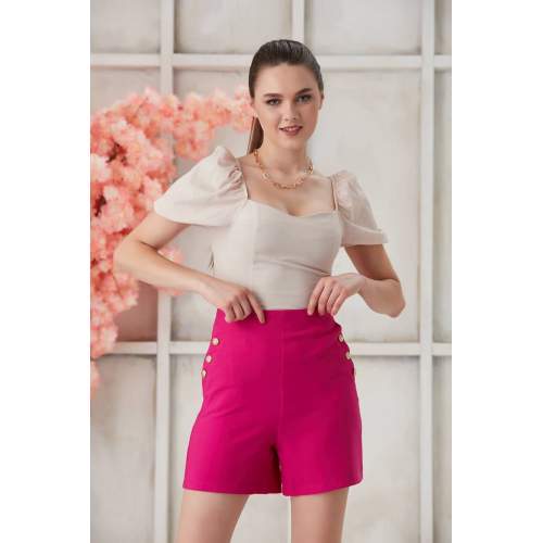 My Style Yüksek Bel 6 Düğmeli Kısa Kadın Şort - Pembe My Style Yüksek Bel 6 Düğmeli Kısa Kadın Şort - Pembe